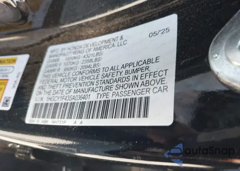 2025 Honda Accord Se из США, поврежденный, VIN 1HGCY1F43SA036401